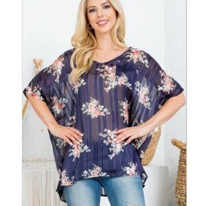 LOVELY‎ J Women Large Boutique Boho Sheer Navy Floral Sheer Top NWT